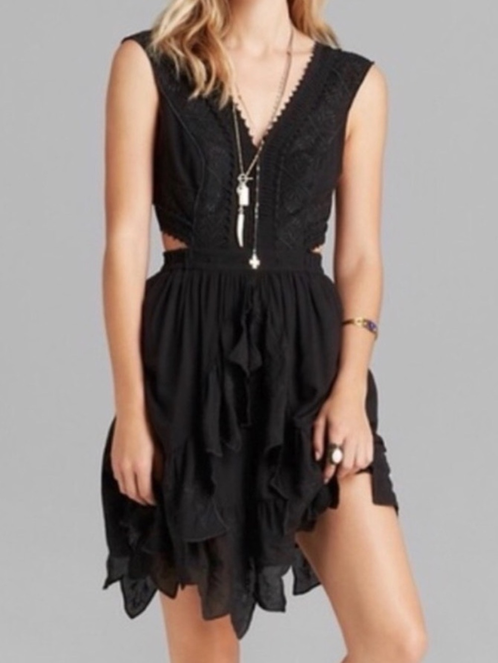 Free People Honeysuckle Rose CutOut Mini Dress Black